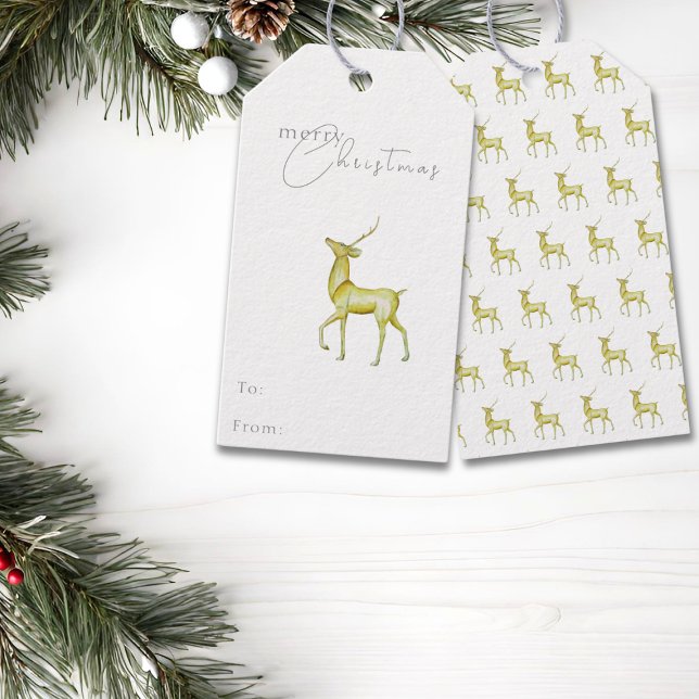 Étiquettes-cadeau Aquarelle Gold Reindeer Joyeux Noël (Créateur téléchargé)