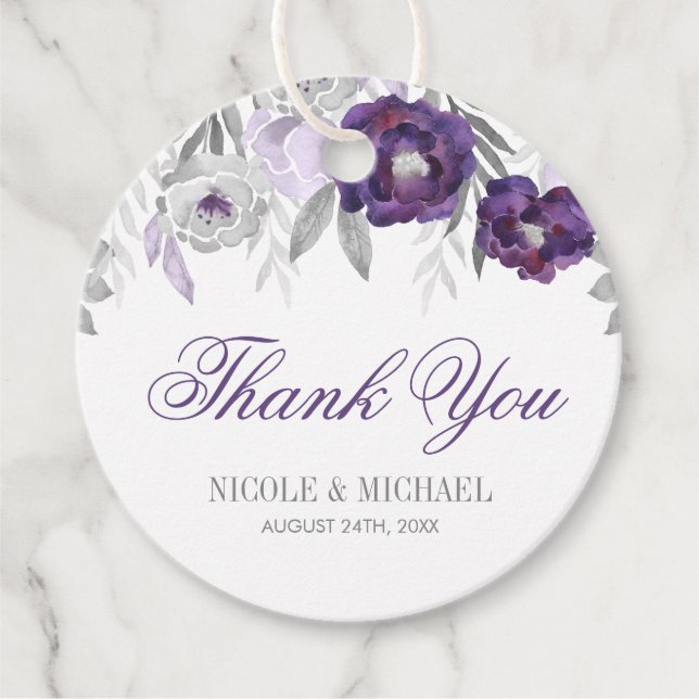 Étiquettes Cadeau Aquarelle gris violet Fleurs Mariage Merci (Devant)