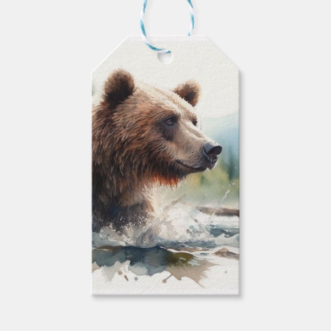 Étiquettes-cadeau Aquarelle Grizzli Ours Faune Nature Art (Devant)
