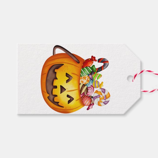 Étiquettes-cadeau Aquarelle Halloween Citrouille avec bonbons (Devant (Horizontal))