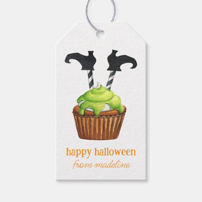 Étiquettes-cadeau Aquarelle Halloween sorcière Cupcake et bonbon (Devant)