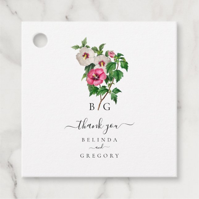 Étiquettes Cadeau Aquarelle Hibiscus Tropical Mariage d'été (Devant)