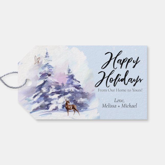 Étiquettes-cadeau Aquarelle Hiver Bois Joyeuses Vacances (Dos (Horizontal))