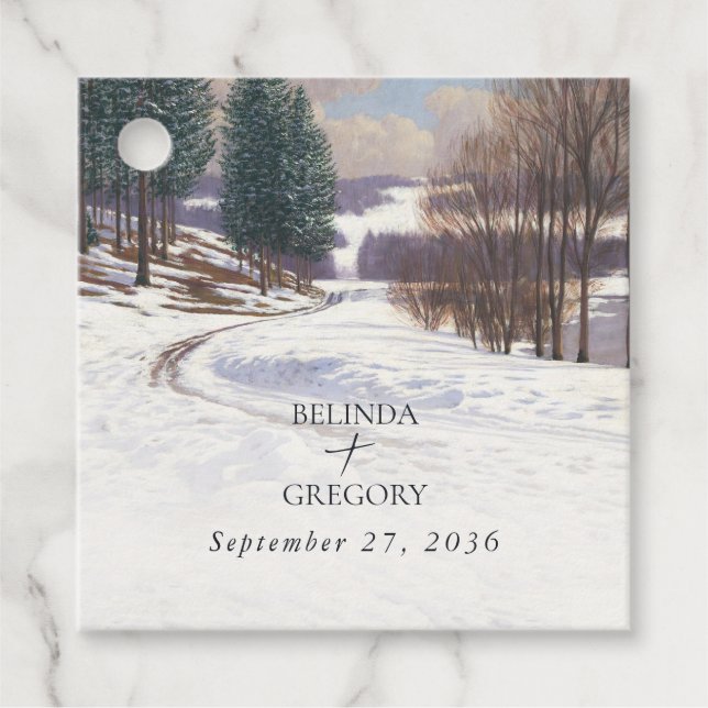 Étiquettes Cadeau Aquarelle Hiver Mariage paysage neige (Devant)