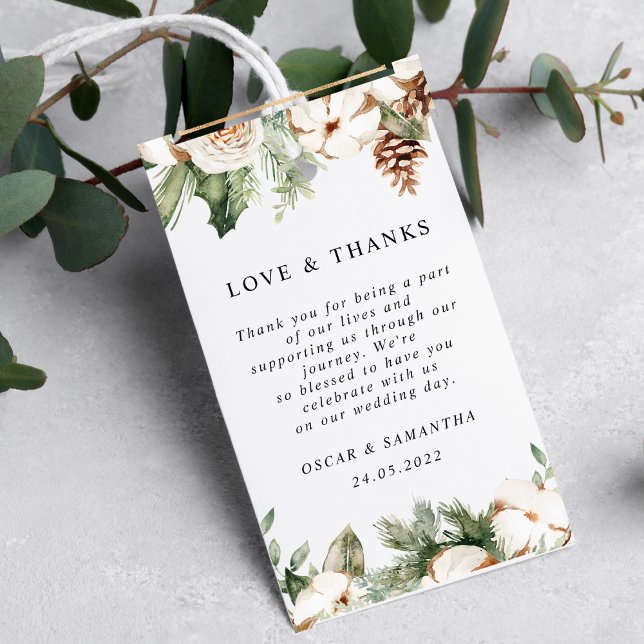 Étiquettes-cadeau Aquarelle Hiver Pin vert Arbre et Fleurs blanches (Créateur téléchargé)