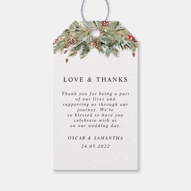 Étiquettes-cadeau Aquarelle Hiver Pine verte Arbre et Pine Cône (Devant)