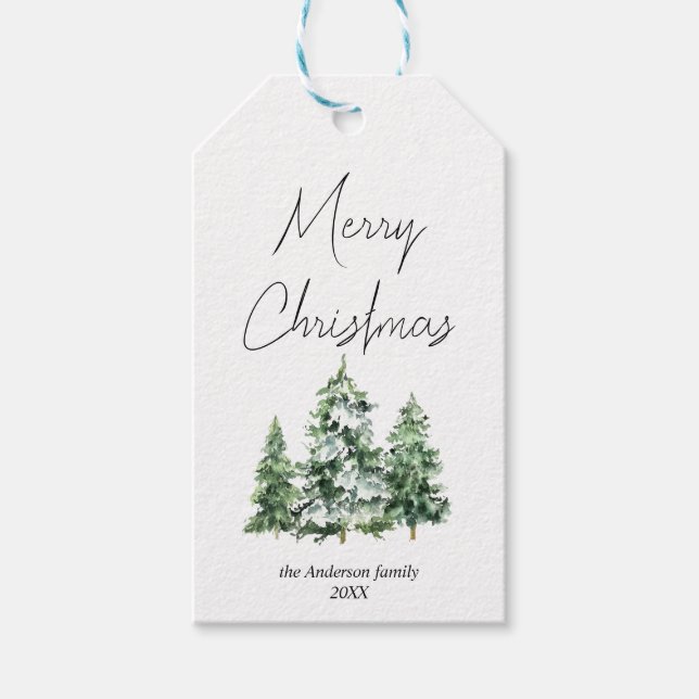 Étiquettes-cadeau Aquarelle Hiver Pins de Neige Joyeux Noël (Devant)