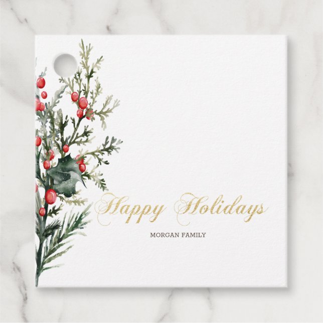 Étiquettes Cadeau Aquarelle Holly Berry Vert (Devant)