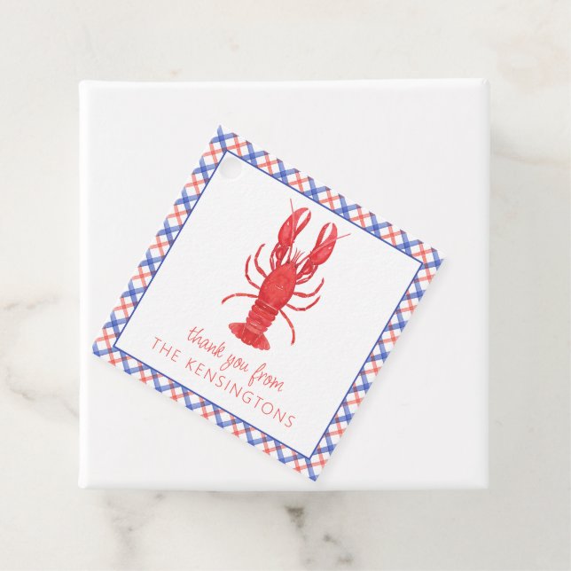 Étiquettes Cadeau Aquarelle Homard rouge et bleu plaid (En situation)