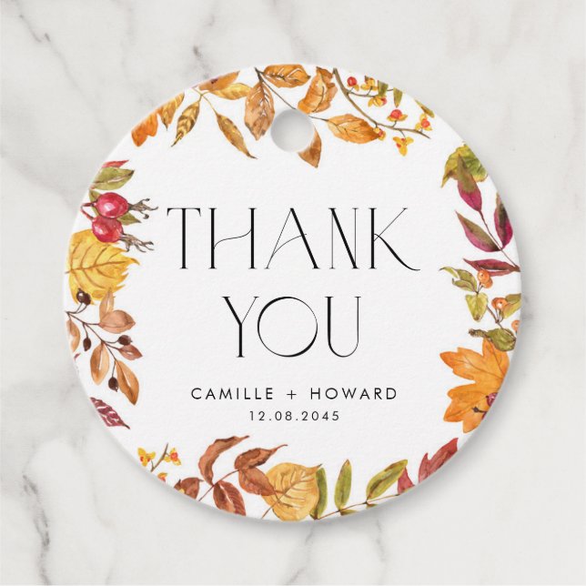 Étiquettes Cadeau Aquarelle L'automne laisse Merci Mariage de couron (Devant)