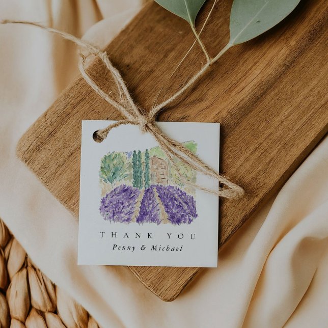 Étiquettes Cadeau Aquarelle Lavender Champs Merci Favoriser les étiq (Watercolor lavender fields chic wedding square favor gift tags)