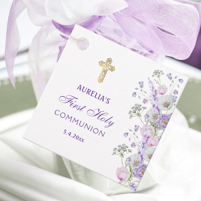 Étiquettes Cadeau Aquarelle Lilac Fleurs Première communion (Créateur téléchargé)