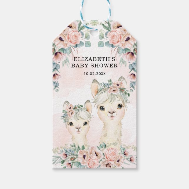 Étiquettes-cadeau Aquarelle Llama Blush Flower Baby shower fille (Devant)