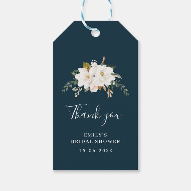 Étiquettes-cadeau aquarelle magnolia bleu floral nuptiale (Devant)