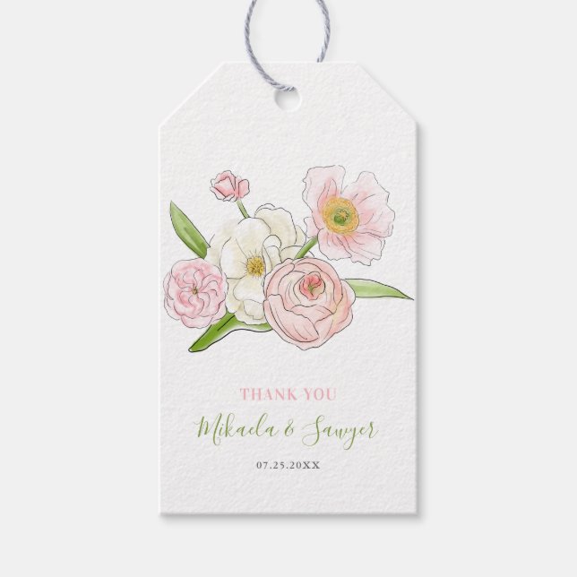 Étiquettes-cadeau Aquarelle Magnolia et Peonies Mariage Merci (Devant)