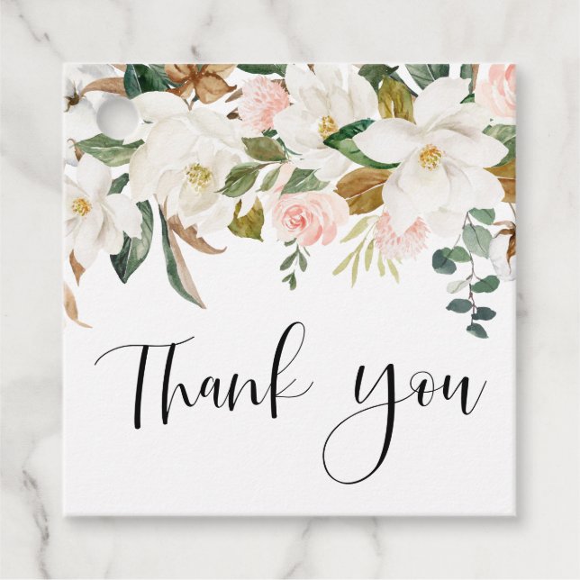 Étiquettes Cadeau Aquarelle Magnolias et Merci Mariage de coton (Devant)