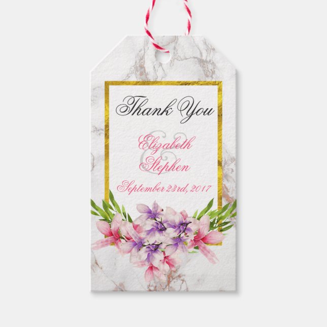 Étiquettes-cadeau Aquarelle Magnolias, Faux Marble Texture Mariage (Devant)
