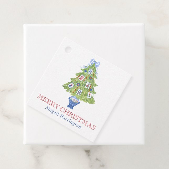 Étiquettes Cadeau Aquarelle Mahjong Christmas Tree (En situation)