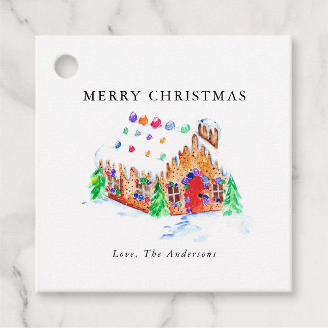 Étiquettes Cadeau Aquarelle Maison en pain d'épice Joyeux Noël migno (Devant)