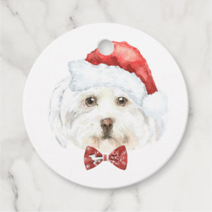 Étiquettes Cadeau Aquarelle Maltese à Santa Hat Noël