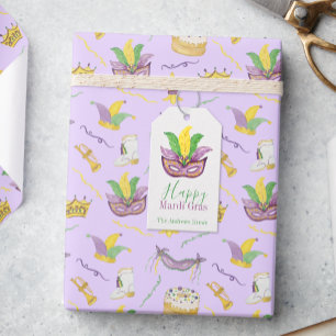 Étiquettes-cadeau Aquarelle Mardi Gras Masques King Cake Crown
