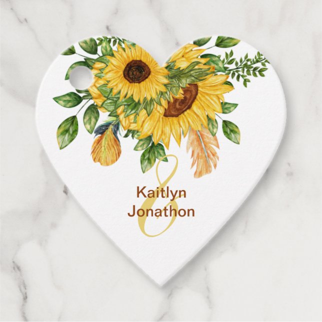 Étiquettes Cadeau Aquarelle mariage Pays Feuille de tournesol or (Devant)