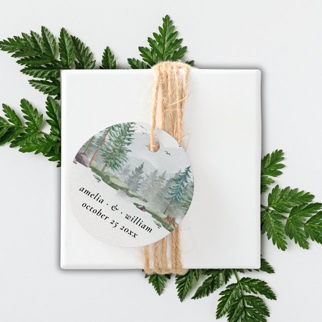 Étiquettes Cadeau Aquarelle Mariage rustique Forêt de pins (Créateur téléchargé)