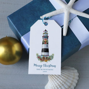 Étiquettes-cadeau Aquarelle marine du phare de Noël