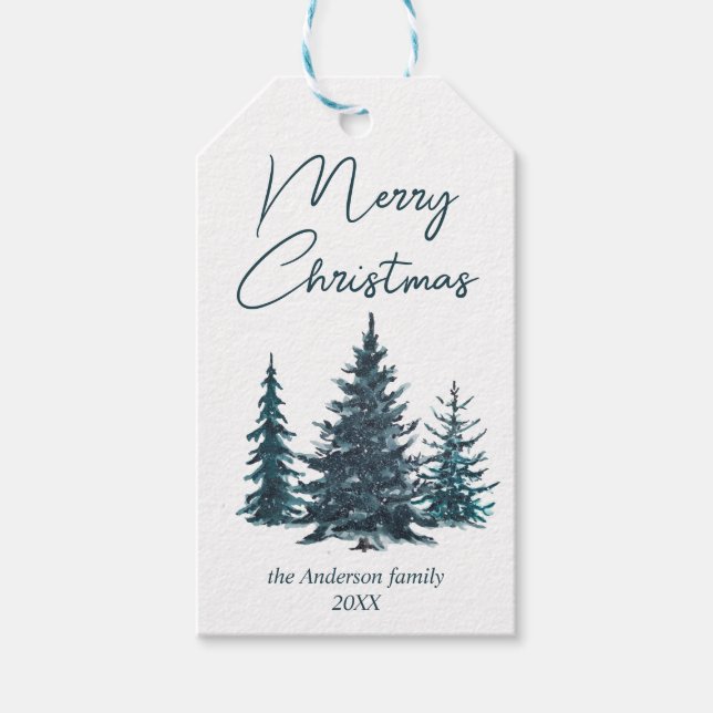 Étiquettes-cadeau Aquarelle Marine Pins Bleus Arbres Joyeux Noël (Devant)