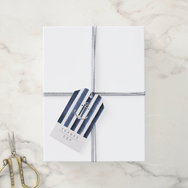 Étiquettes-cadeau Aquarelle marine rayures marine mariage plage naut (Avec de la ficelle)