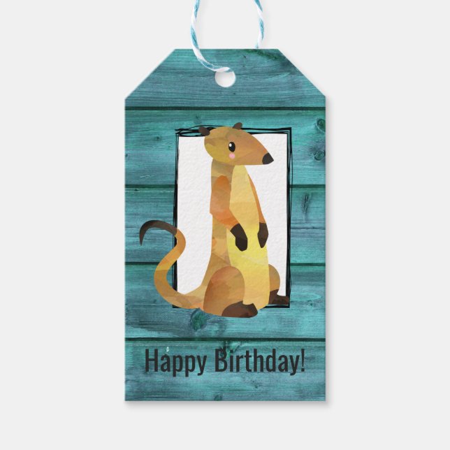 Étiquettes-cadeau Aquarelle Meerkat sur le bois bleu Anniversaire (Devant)