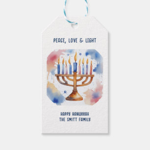 Étiquettes-cadeau Aquarelle Menorah Happy Hanoukka