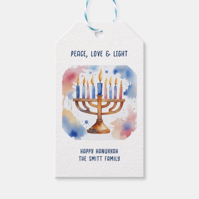 Étiquettes-cadeau Aquarelle Menorah Happy Hanoukka (Devant)
