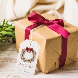 Étiquettes-cadeau Aquarelle mignonne Baies rouges Wreath Joyeux Noël