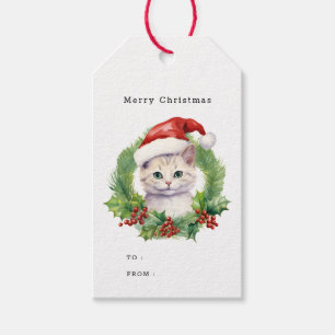 Étiquettes-cadeau Aquarelle mignonne chat de Noël dans un chapeau de