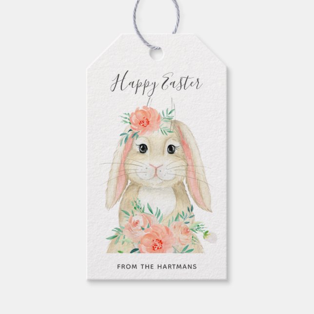 Étiquettes-cadeau Aquarelle mignonne Lapin Floral Nom de Pâques (Devant)