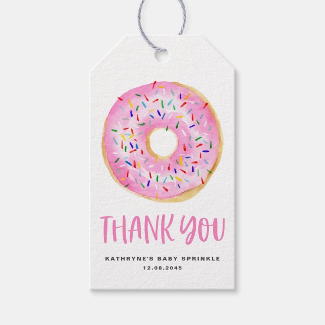 Étiquettes-cadeau Aquarelle mignonne Pink Donut Baby Sprinking Merci (Devant)