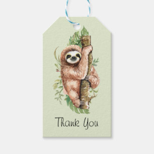 Étiquettes-cadeau Aquarelle mignonne Sloth & Merci Feuille Tropical