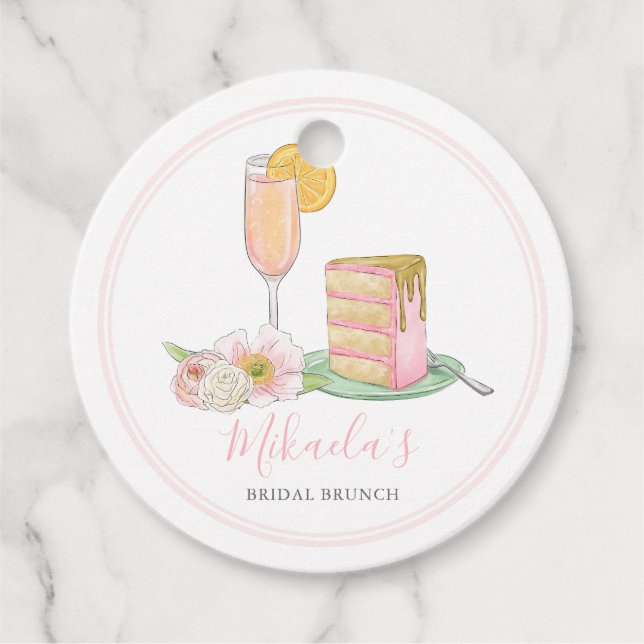 Étiquettes Cadeau Aquarelle Mimosa et gâteau goutte Brunch nuptial (Devant)