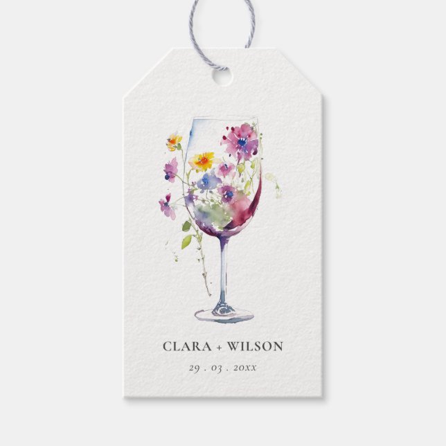 Étiquettes-cadeau Aquarelle minimale Floral Vin Mariage (Devant)