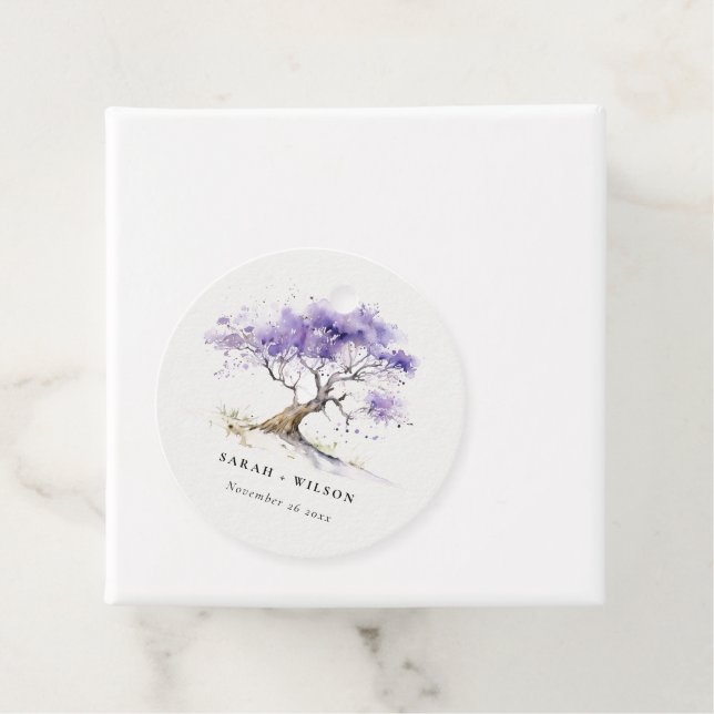 Étiquettes Cadeau Aquarelle minimale Lilac Jacaranda Mariage arbre (En situation)