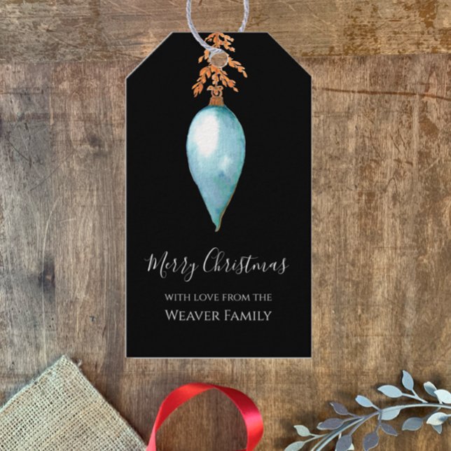 Étiquettes-cadeau Aquarelle moderne élégante peinte à la main Noël (Personalize this original watercolor Merry Christmas gift tag, modern elegant stylish blue bauble.)