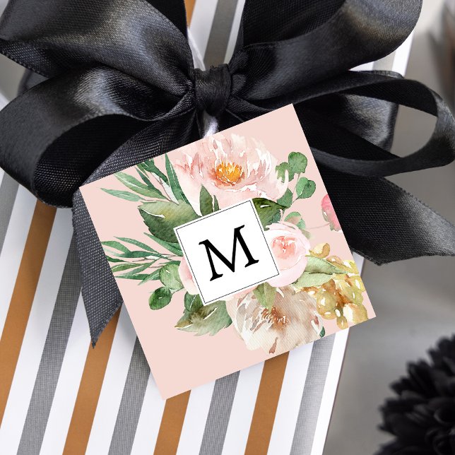 Étiquettes Cadeau Aquarelle moderne Fleurs roses Monogrammes (Créateur téléchargé)