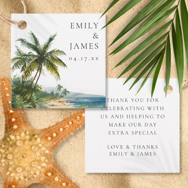 Étiquettes Cadeau Aquarelle moderne Mariage de plage tropicale (Modern Watercolor Tropical Beach Wedding Favor Tags)