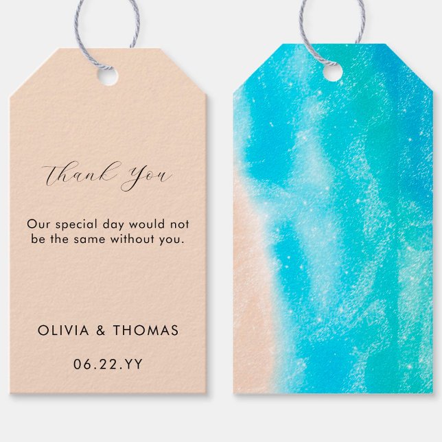 Étiquettes-cadeau Aquarelle moderne Sandy Beach Waves Mariage (Créateur téléchargé)