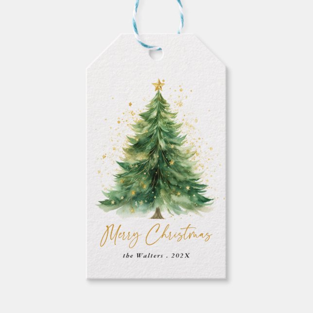 Étiquettes-cadeau Aquarelle moderne sapin de Noël (Devant)