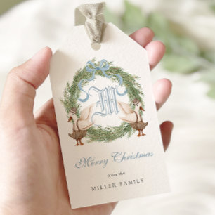 Étiquettes-cadeau Aquarelle Monogram Crest Ornat Wreath Noël