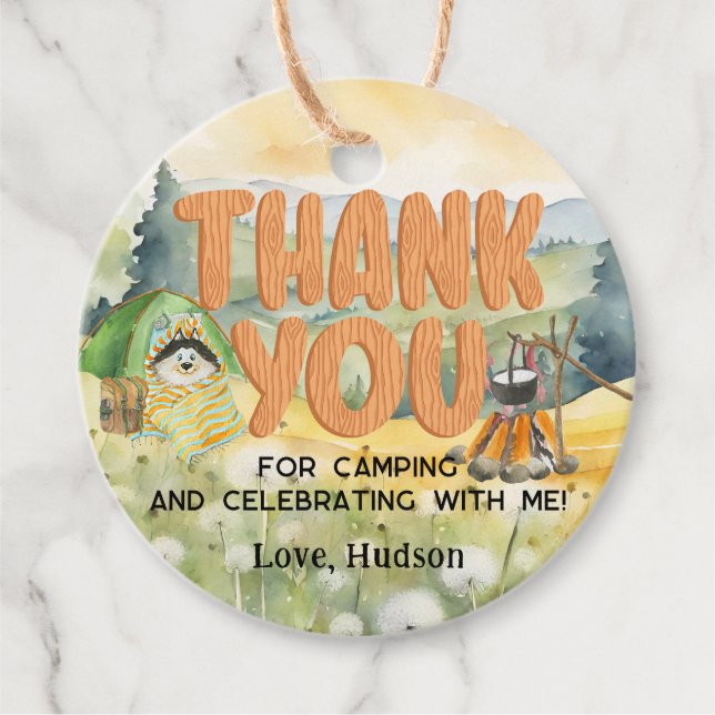 Étiquettes Cadeau Aquarelle Nature mignonne Camping Chien Merci (Devant)