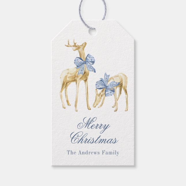 Étiquettes-cadeau Aquarelle Noël Bleu Bow Chinoiserie Reindee