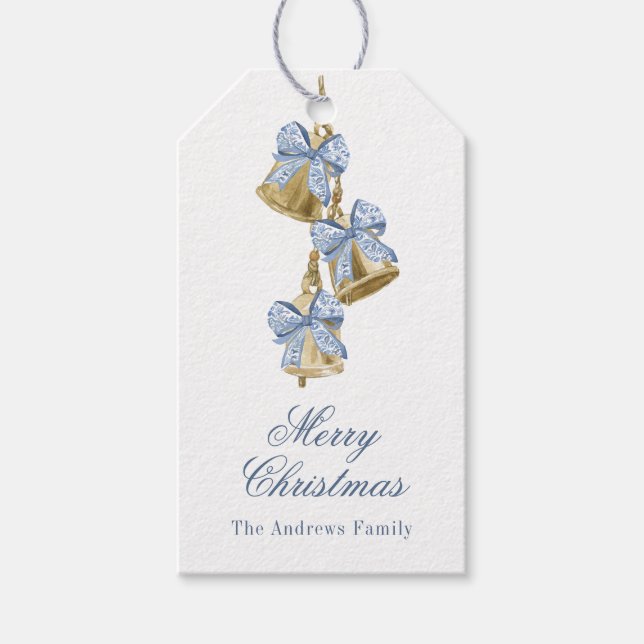 Étiquettes-cadeau Aquarelle Noël bleu Chinoiserie Bow Bells (Devant)
